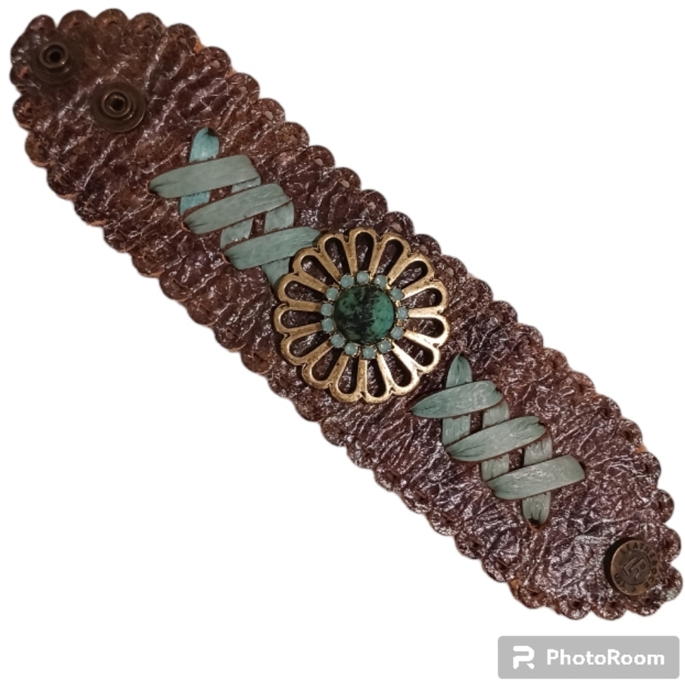 SOLD Leatherock Southwestern Cuff Bracelet Turquoise Laced Flower Embellished - Picture 5 of 7